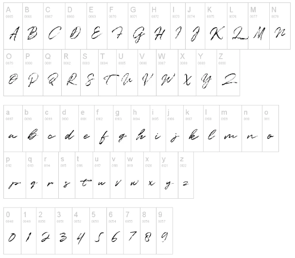 Quentin Script Font Character map