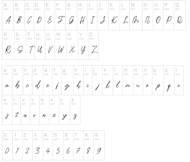 Bambi Handwritten Script Font Character map