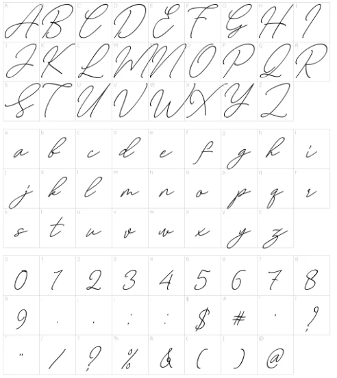 August Script Font Character map