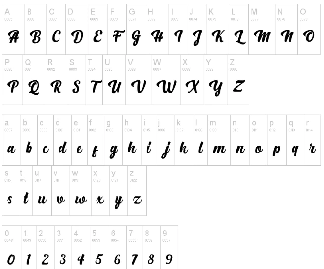 Bright Script Font Character map