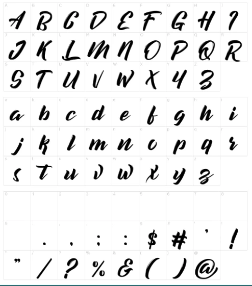 Decalled Script Font Character map