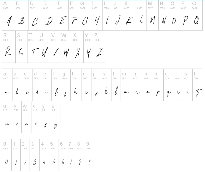 Natural Signature Font Character map