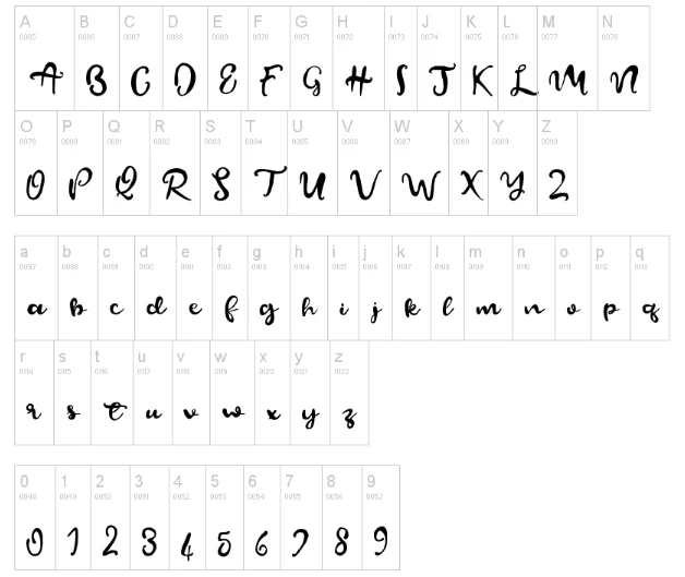 Beautify Script Font Character map