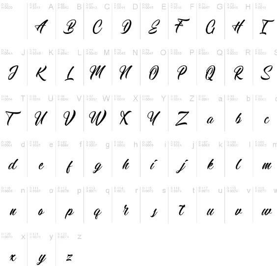 Calingham Calligraphy font Character map