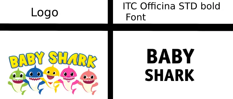 Comparison beween Baby Shark logo font vs ITC Officina STD bold font example