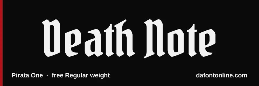 Pirata One font preview showing "Death Note"