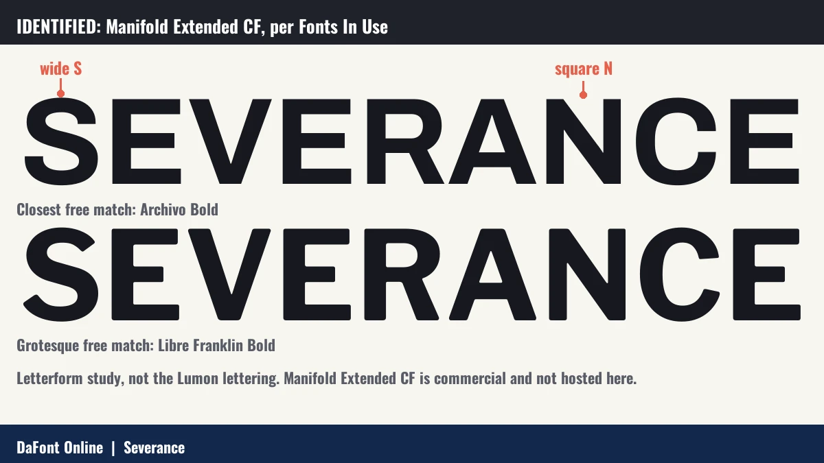 Letterform study of SEVERANCE in two free grotesque fonts, Archivo Bold and Libre Franklin Bold, with callouts on the wide S and the square N.