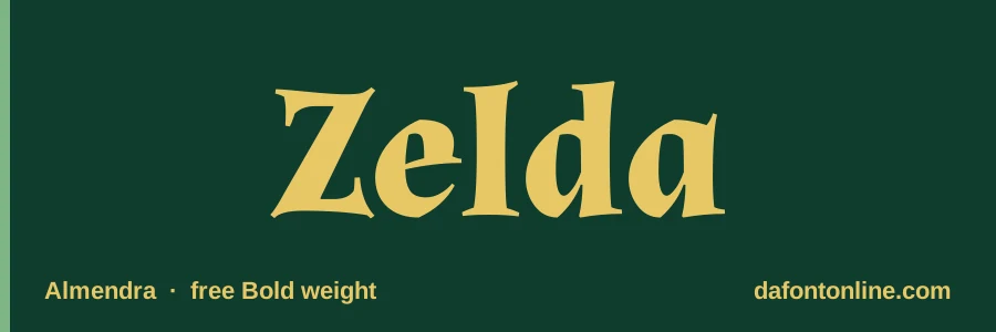 Almendra font preview showing "Zelda"